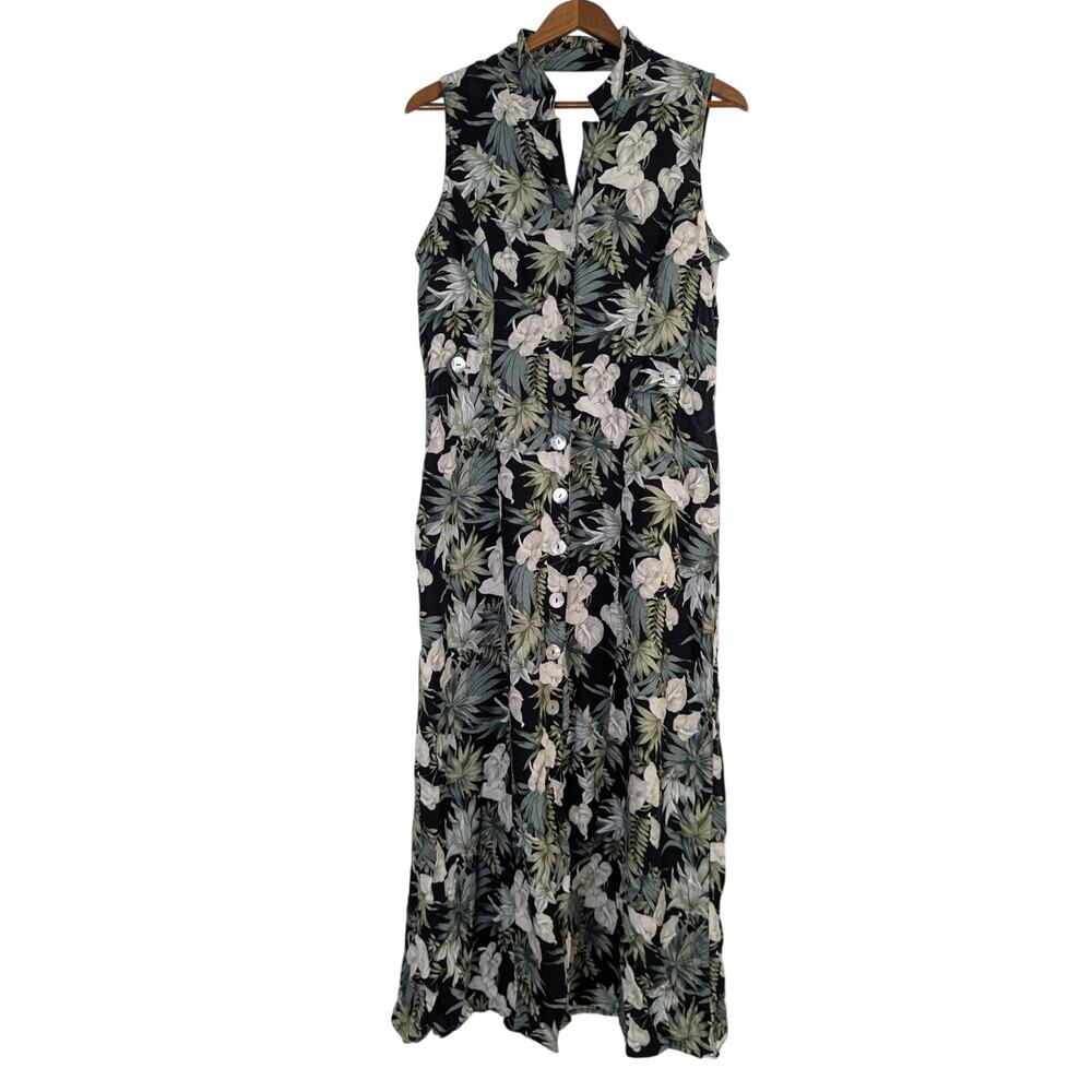 Vtg Floral Midi Dress 1990s Black White Lillies Collared Open Back Retro Size 12